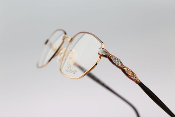 Diva 5165 270 E, Vintage 90s victorian rhinestones gold hexagon glasses frames womens NOS View 5
