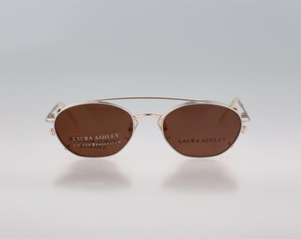 Laura Ashley Faye Gold Silver, Vintage 90s victorian small oval eyeglasses & clip on sunglasses women NOS
