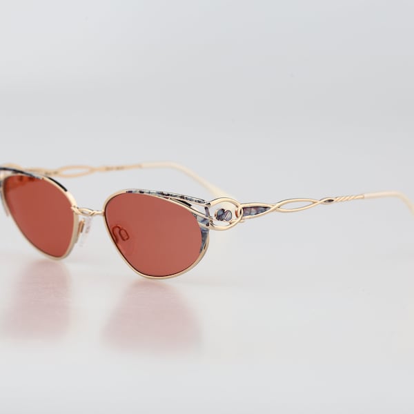 Diva 5062 70, Vintage 90s tinted pink lenses unique blue & gold unique victorian cat eye sunglasses women, NOS