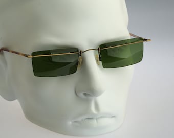 Robert Rudger 0960 123-36, Vintage 90s antique gold steampunk semi rimless rectangle sunglasses men and women NOS