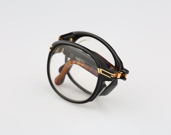 Derapage KB, Vintage 80s folding unique black and tortoise oversized square eyeglasses frames mens  / NOS