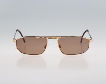 Chai CK 2 F 342, Vintage 90s złote szalone okulary przeciwsłoneczne steampunk małe prostokątne męskie i damskie, NOS