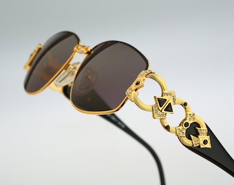Galitzine G01 1, Vintage 90s black & gold victorian rhinestones rectangle sunglasses women, NOS