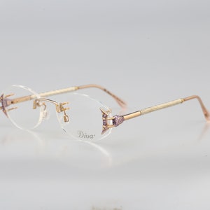 Diva 5142 78 D, Vintage 90s victorian rhinestones rimless blue & gold oval glasses frames womens NOS