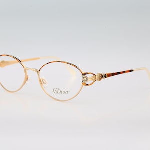 Diva 5040 6 Vintage 90s victorian tortoise & gold rhinestones oval glasses frames womens NOS
