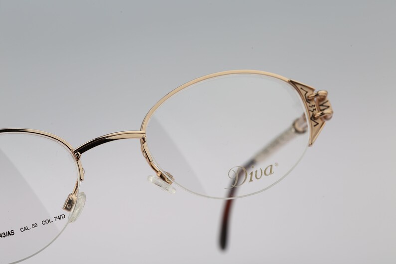 Diva 5143 AS 74 D E, Vintage 90s half rim gold rhinestones oval eyeglasses frames womens NOS image 4