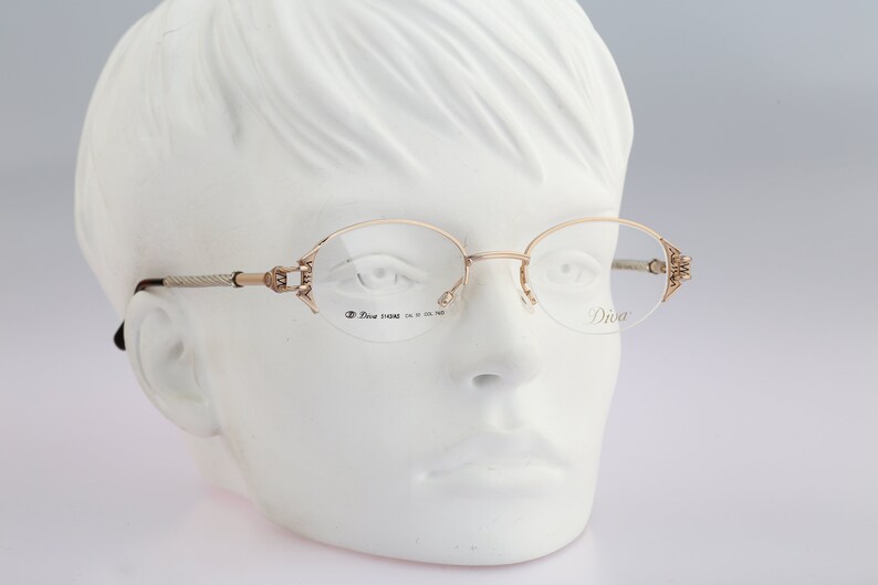 Diva 5143 AS 74 D E, Vintage 90s half rim gold rhinestones oval eyeglasses frames womens NOS image 7