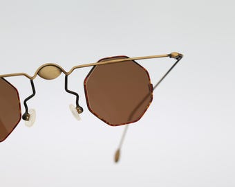 Opticunion 83 116 02, Vintage 90er Sonnenbrille goldfarben und schildkröte Steampunk klein Mikro Brille Herren & Damen, NOS