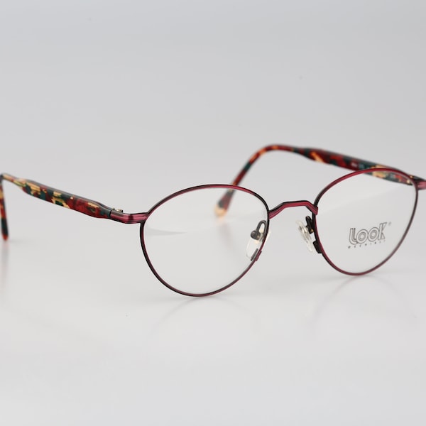 Look 575 025, Vintage 90s red and tortoise small panto round eyeglasses frames womens NOS