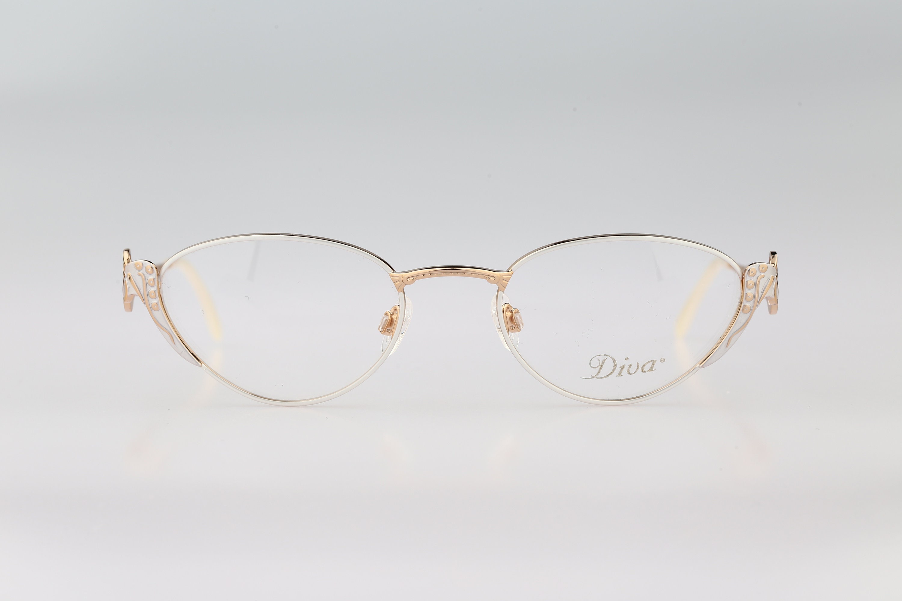 Diva 5080 19 Vintage jaren '90 unieke parel wit & goud cat eye bril montuur dames NOS Accessoires Zonnebrillen & Eyewear Brillen 