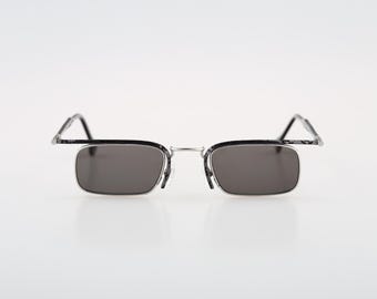 TLH 22 BI 6, Vintage 90s silver and black browline steampunk rectangle sunglasse mens and women, NOS