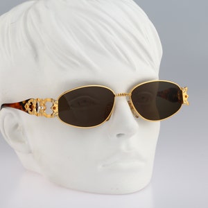 Galitzine G 02 03, Vintage 90s gold and tortoise unique victorian rhinestones rectangle sunglasses mens & women, NOS