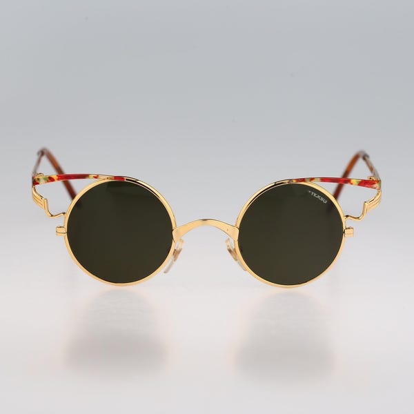 Texso by Solgir T 375, Vintage 90s gold and tortoise rare steampunk small circle sunglasses mens & women, NOS