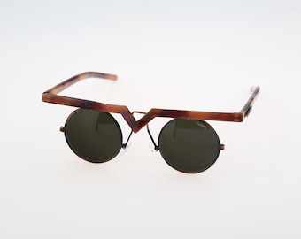 Texso by Solgir T 515 1, Vintage 90s antique gold and tortoise rare steampunk small circle sunglasses mens & women, NOS