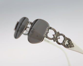 Galitzine G 01 4, Vintage 90s antique silver and white rhinestones rectangle sunglasses men & women, NOS