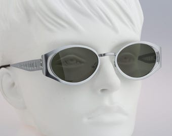 Steampunk sunglasses men, Queenly MF1912 C1, Vintage 90s unique double rim silver oval sunglasses women, NOS