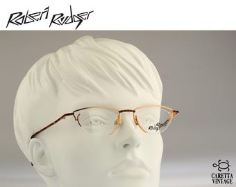 Robert Rudger 1740 225 F5, Vintage 90s gold & tortoise unique small half rim cat eye glasses frames womens NOS
