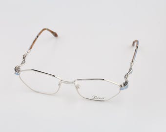 Diva 5172 395, Vintage 90s unique silver and blue hexagon cat eye glasses frames womens NOS