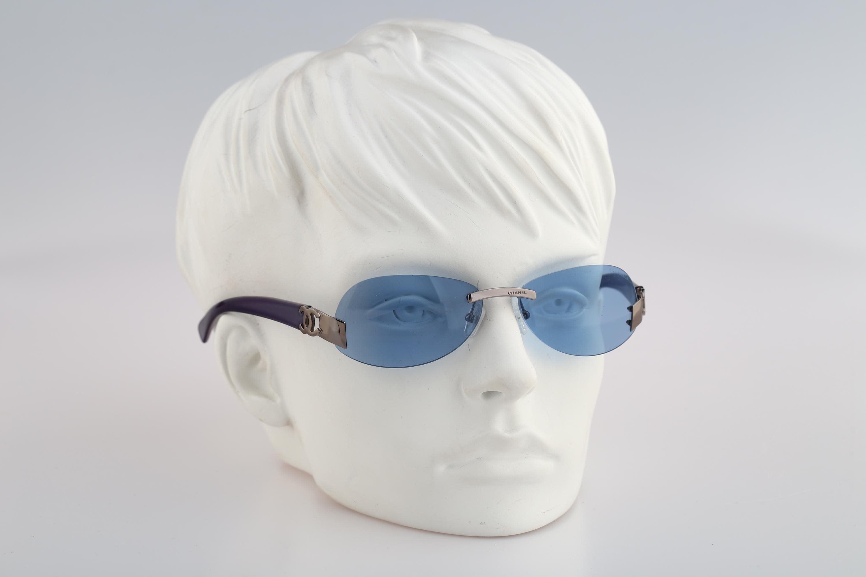 Chanel 4037 168 72, Vintage 90s Tinted Blue Lenses Silver Wrap