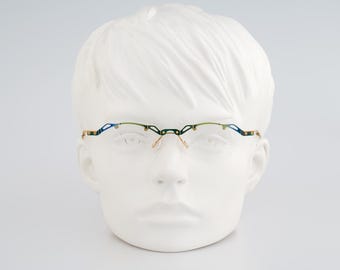 Ramon 05 9102, Vintage 90s unique blue and green top bar half rim small oval eyeglasses frames womens / NOS