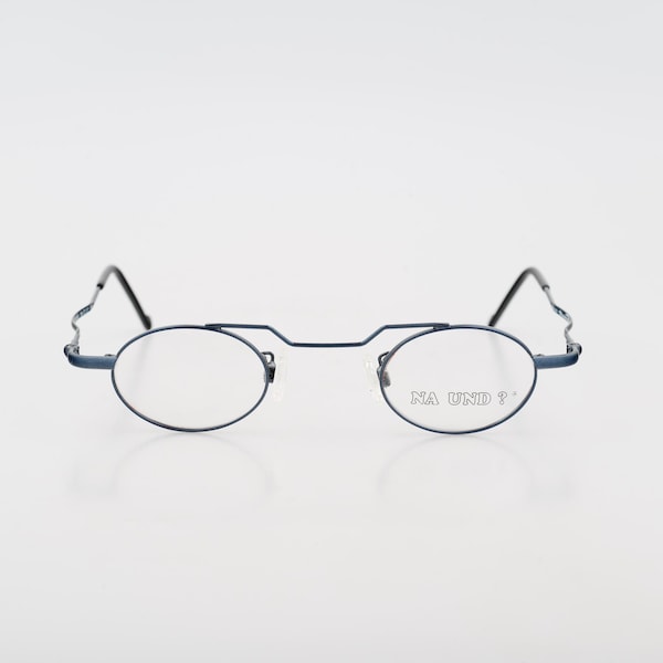 Na Und Design av Marion Ramm 82F2125B, Vintage 90-tals blå unika steampunk små ovala glasögonbågar herr & dam NOS