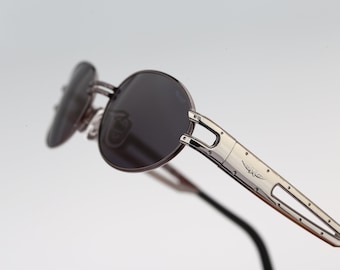 Police 2329 545, Vintage 90s silver and gray steampunk small oval sunglasses men and women NOS