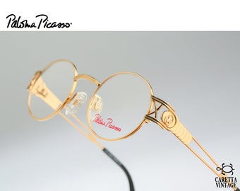 Paloma Picasso 8604 689, Vintage 90s unique gold small circle round eyeglasses frames mens & womens NOS