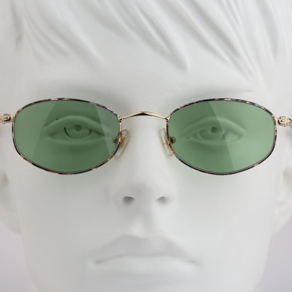 Nazareno Gabrielli NG 23 614, verres verts teintés vintage des années 90 tortue colorée unique et or petit rectangle lunettes de soleil femmes, NOS
