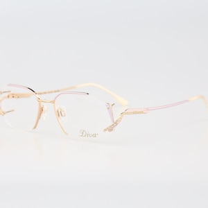 Diva 5182 269, Vintage 90s unique pearl white & gold rhinestones semi rimless rectangle eyeglasses frames womens NOS