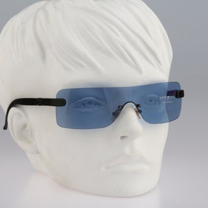 Emporio Armani 632 S 529, Vintage 2000&#39;s tinted blue lenses rimless wrap shield sunglasses women NOS