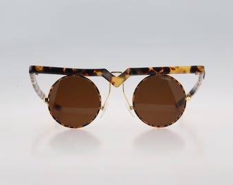 Texso by Solgir T 515, Vintage 90s gold and tortoise rare steampunk small circle sunglasses mens & women, NOS