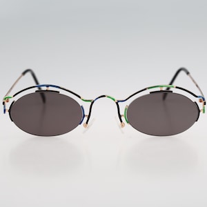 May include: A pair of oval-shaped sunglasses with a black frame and dark gray lenses. The frame has a multi-colored design with blue, green, and gold accents.