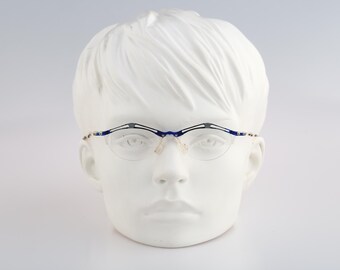 Ramon 09 7114, Vintage 90s unique blue browline half rim small oval eyeglasses frames womens / NOS