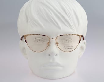 Stephanie's Collection 686 6972 Hand made in Italy, Vintage 90s colorful patterned temples gold cat eye glasses frames womens NOS