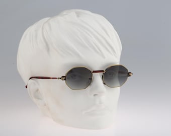 Young Bolero 1262 258, Vintage 90s antique gold and tortoise steampunk small hexagon sunglasses women NOS