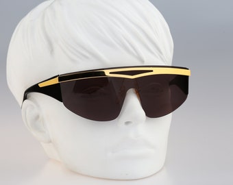 Linea Pitti Florence design Supermask, Vintage 90s black and gold shield sunglasses women, NOS