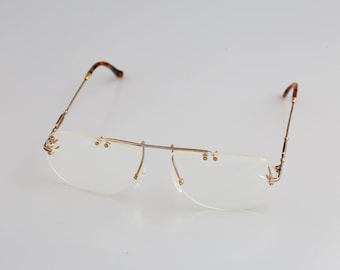 Columbus M 385 30, Vintage 90s unique tortoise and gold rimless aviator eyeglasses frames men and womens NOS