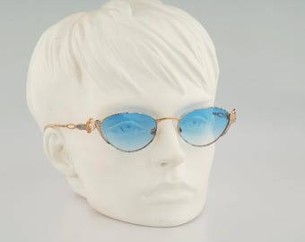 Diva 5080 22, Occhiali da sole vintage anni '90 con lenti colorate, stile vittoriano unico, blu e oro, a occhi di gatto, da donna, NOS