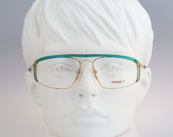 Amor Famous, Vintage 80s unique blue & gold aviator glasses frames womens NOS