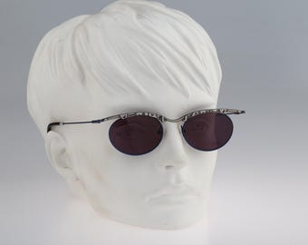 Chai Original GAG 1 F1, Vintage 90s blue and gray crazy steampunk small oval sunglasses women, NOS