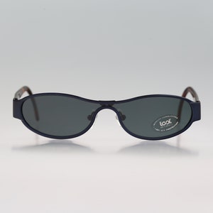 Look 816 393, Vintage 90s navy blue futuristic small slim shield sunglasses men and women NOS
