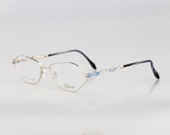 Diva 5172 395, Vintage 90s unique silver rhinestones hexagon cat eye glasses frames womens NOS