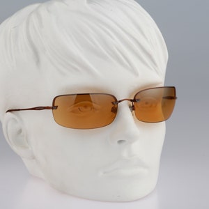 Emporio Armani 201 S 1230, Lunettes de soleil rectangulaires enveloppantes semi-sans monture avec verres teintés orange vintage des années 2000 femme NOS