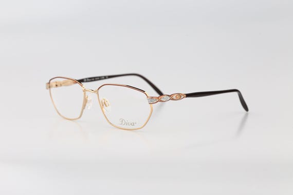 Diva 5165 270 E, Vintage 90s victorian rhinestones gold hexagon glasses frames womens NOS