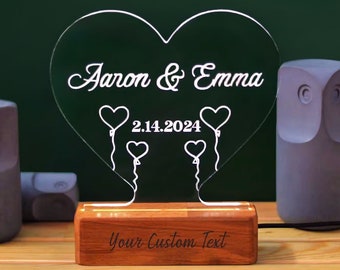 Couple Name Special Date Night Light, Acrylic Heart Led Desk Lamp Sign, Valentines Day Relationship Anniversary Wedding Romantic Lover Gift