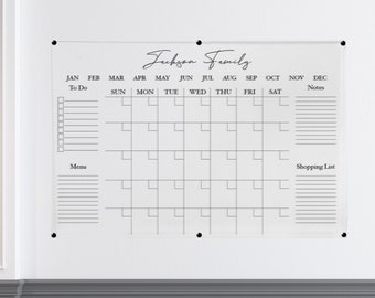 Personalized Acrylic Family Wall Calendar, Clear Dry Erase Board w Side Sections, Christmas Mudroom Office Monthly Planner + 4 FREE MARKERS