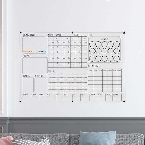 Personalized Large Clear Acrylic Wall Calendar, Custom Dry Erase Board Weekly Monthly Planner, Office Note Board Wall Decor + 4 FREE MARKERS