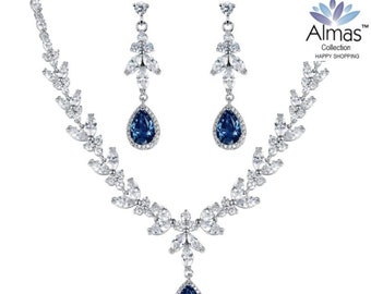 Ensemble collier et boucles d'oreilles en cristal CZ bleu larme et taille marquise, ensemble de bijoux de mariée, ensemble de collier de mariage, ensemble de mariée élégant,