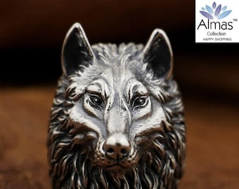 925 Sterling Silver Wolf Rings, Handmade Animal Jewellery, Dog Handmade Jewelry, Wild K9 Head Sterling Silver Men Bling,