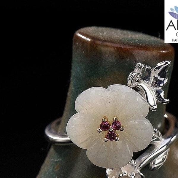 Boho Handmade Natural Jade Plum Blossom in 925 Sterling Silver Rings, Handmade Flower Open Rings for Women, Natural Jade Plum Blossom Ring